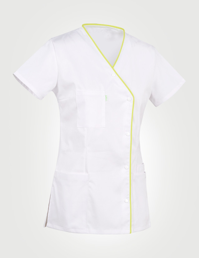 Détail blouse Anna asymétrique - Couleur blanc-anis - Vue ghost - Marque Belissa