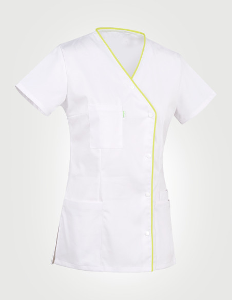 Détail blouse Anna asymétrique - Couleur blanc-anis - Vue ghost - Marque Belissa