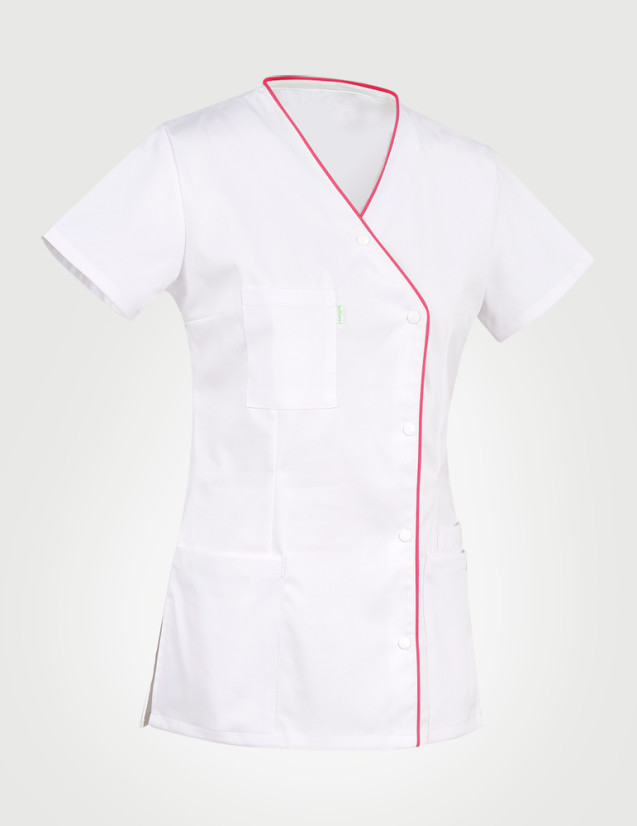 Blouse Anna asymétrique couleur blanc-framboise - Vue ghost - Marque Belissa Blouse Anna asymétrique couleur blanc-framboise - Vue ghost - Marque Belissa