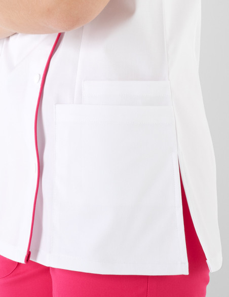 Détail blouse Anna asymétrique - Couleur blanc-framboise - Vue ghost - Marque Belissa