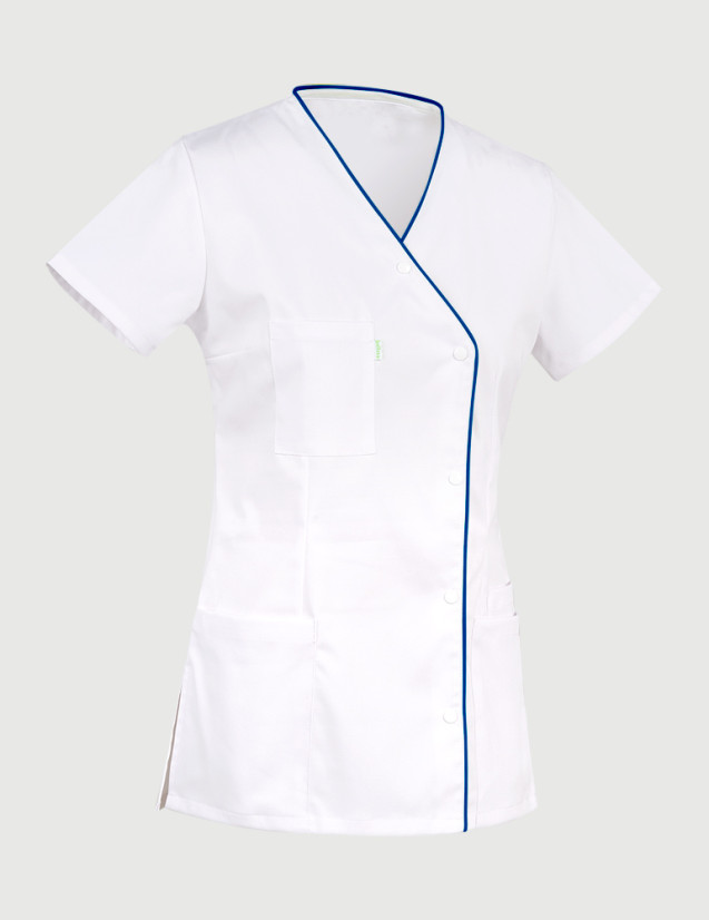 Détail blouse Anna asymétrique - Couleur blanc-marine - Vue ghost - Marque Belissa