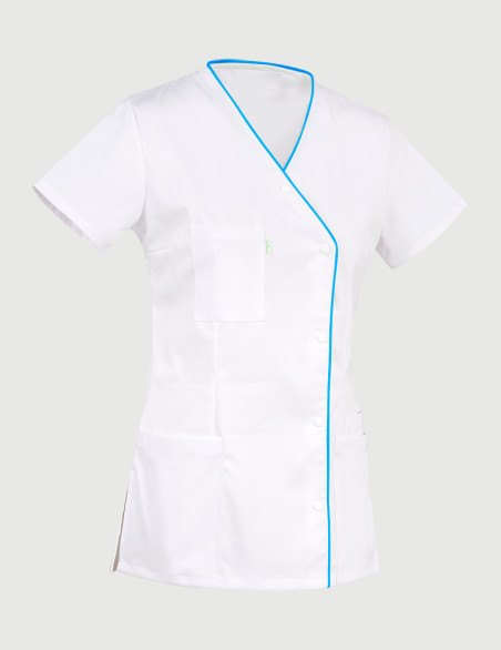 Détail blouse Anna asymétrique - Couleur blanc-océan - Vue ghost - Marque Belissa