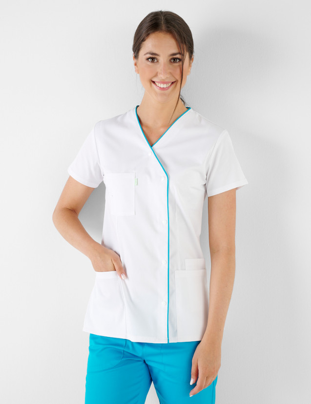 Blouse pharmacie - Coupe femme asymétrique couleur blanc-océan - Marque Belissa