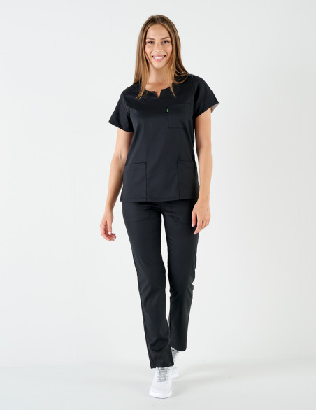 Tenue dentiste Palma - Tunique noire femme cintrée - Vue en pied - Marque Belissa