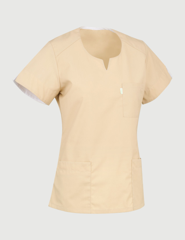 Casaque dentiste couleur beige - tunique médicale cintrée - Vue ghost - Marque Belissa Casaque dentiste couleur beige - tunique médicale cintrée - Vue ghost - Marque Belissa