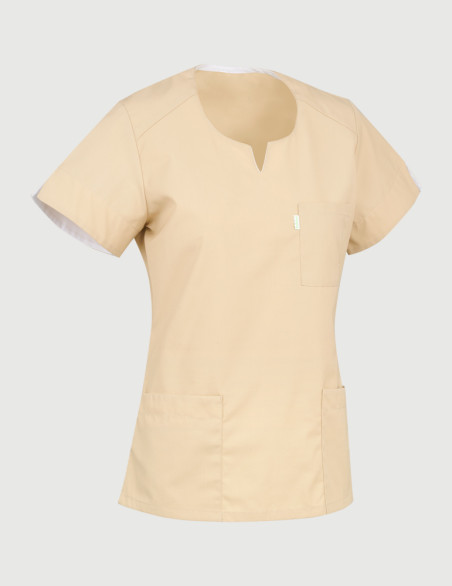 Casaque dentiste couleur beige - tunique médicale cintrée - Vue ghost - Marque Belissa