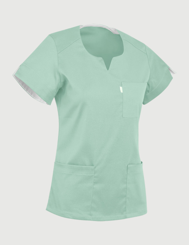 Casaque dentiste couleur sauge - tunique médicale cintrée - Vue ghost - Marque Belissa Casaque dentiste couleur sauge - tunique médicale cintrée - Vue ghost - Marque Belissa