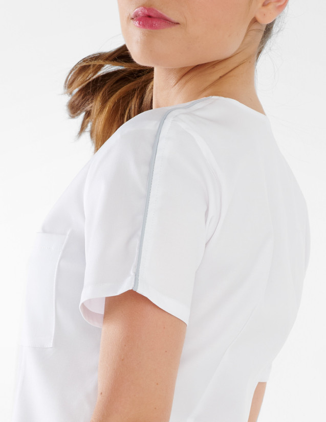 Détail manche blouse médicale Roma - Couleur blanc Dias gris clair - Marque Belissa