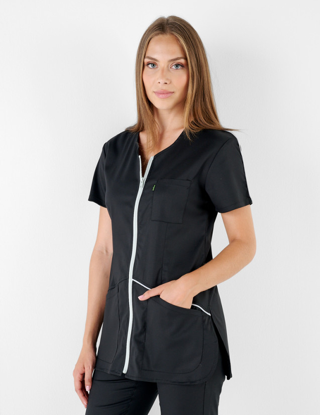 Blouse médicale - Coupe femme couleur noir zip et biais gris clair - Marque Belissa