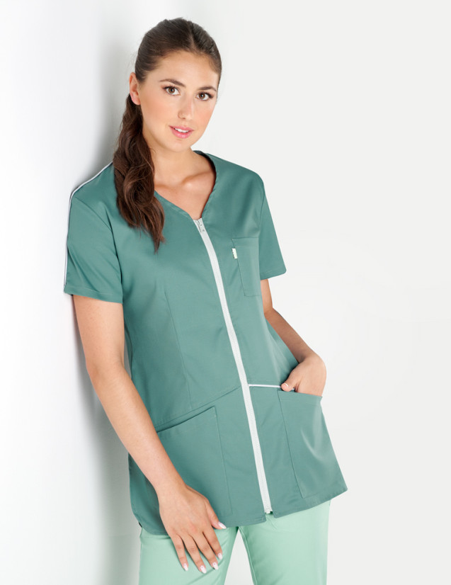 Blouse médicale - Coupe femme couleur olive zip et biais gris clair - Marque Belissa