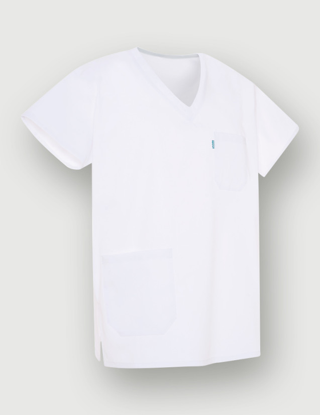 Tunique médicale Col en V - Couleur blanche -Textile Tencel - Vue ghost - Marque Belissa Tunique médicale Col en V - Couleur blanche -Textile Tencel - Vue ghost - Marque Belissa