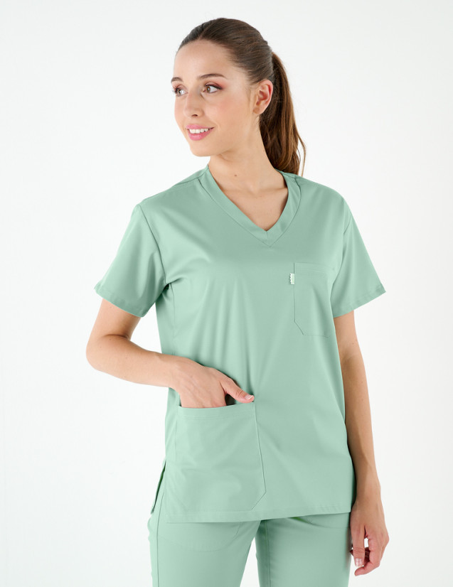 Blouse médicale femme col en V couleur sauge en tencel - Marque Belissa