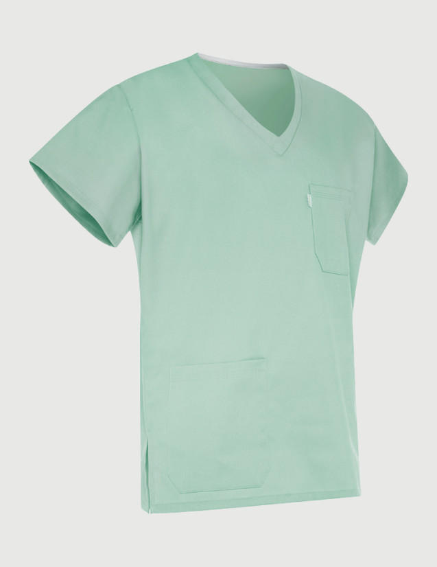 Tunique médicale Col en V - Couleur vert sauge -Textile Tencel - Vue ghost - Marque Belissa