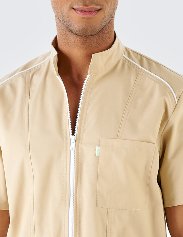 Détail blouse homme Austin - Couleur beige - zip et biais gris clair - Marque Belissa