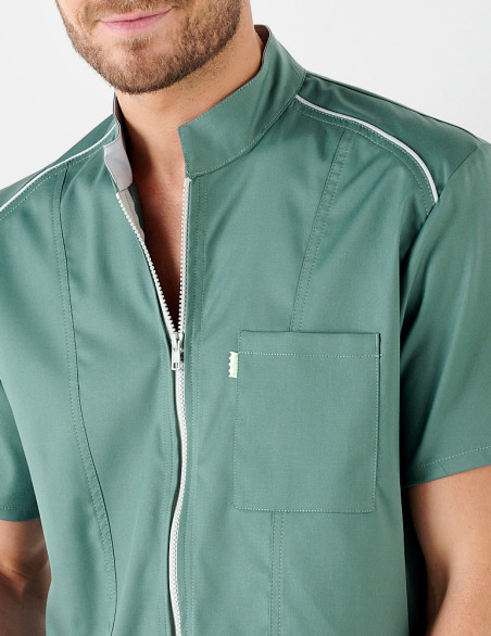 Détail blouse homme Austin - Couleur olive - zip et biais gris clair - Marque Belissa