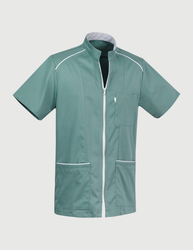 Blouse homme Austin couleur olive parements gris clair - Vue ghost - Marque Belissa Blouse homme Austin couleur olive parements gris clair - Vue ghost - Marque Belissa