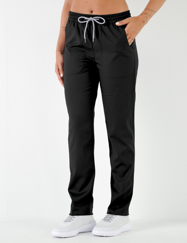 Pantalon femme India by Belissa - couleur noir - taille élastique + cordon gris. Vue de face