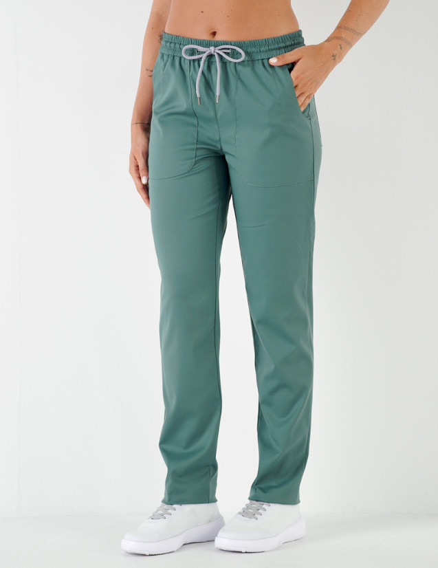 Pantalon femme India by Belissa - couleur olive - taille élastique + cordon gris. Vue de face