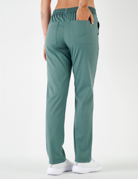 Pantalon femme India by Belissa - couleur olive - taille élastique. Vue de dos