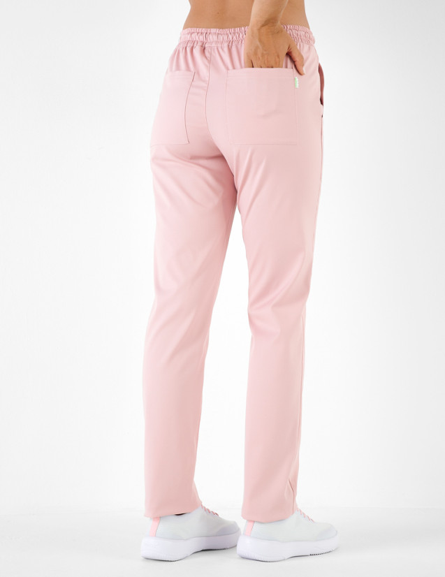 Pantalon femme India by Belissa - couleur rose - taille élastique. Vue de dos