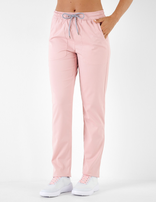 Pantalon femme India by Belissa - couleur rose pâle - taille élastique + cordon gris. Vue de face