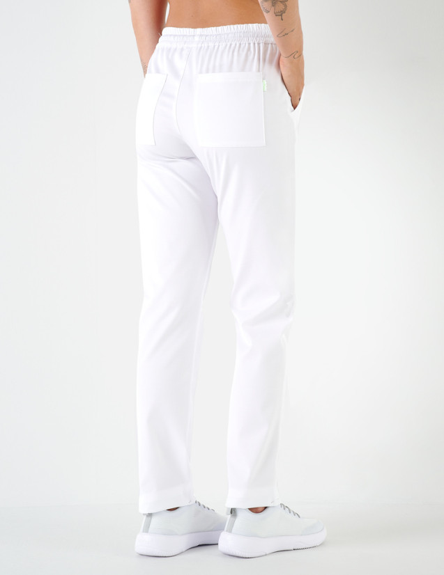 Pantalon femme India by Belissa - couleur blanc - taille élastique. Vue de dos
