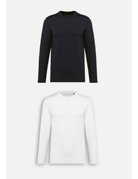Couple Homme et femme qui portent un t-shirt manches longues unisexe noir pour l'homme et blanc pour la femme 2