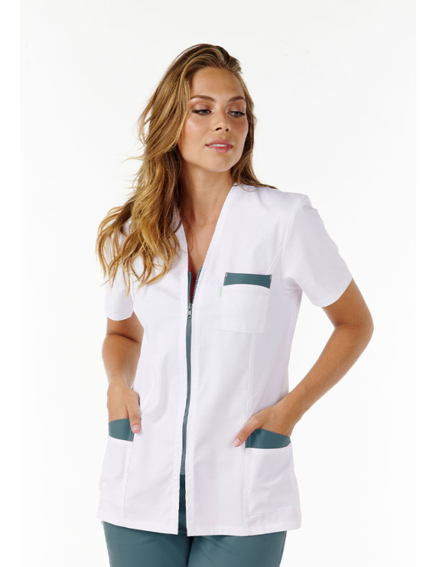 Blouse blanche femme ultra légère Carla blanc + teal - marque Belissa - vue de face