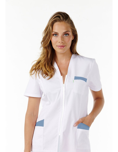 Blouse blanche femme ultra légère Carla blanc + teal - marque Belissa - vue de face 2