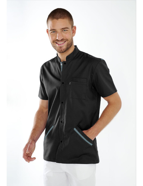 Blouse médicale homme Nathan couleur noir et bleu ciel - vue de face - Marque Belissa 2