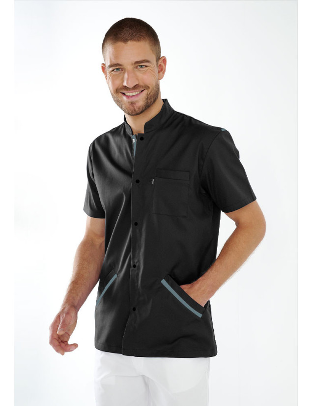 Blouse médicale homme Nathan couleur noir et teal - vue de face - Marque Belissa