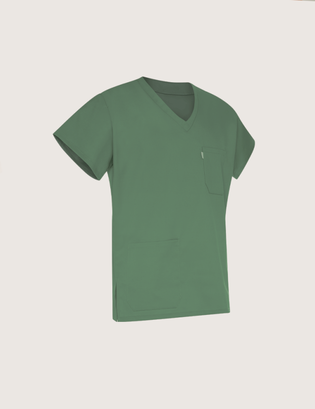 Blouse médicale unisexe Jules Kaki Made in France by Belissa - Col en V - Vue ghost Blouse médicale unisexe Jules Kaki Made in France by Belissa - Col en V - Vue ghost