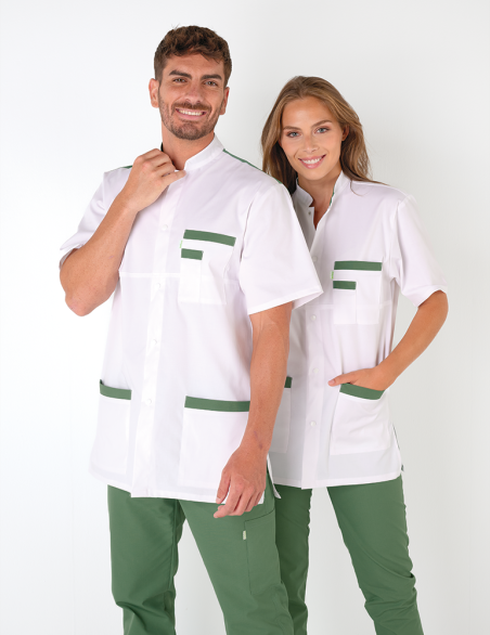 Blouse médicale unisexe Kevin blanc-kaki Made in France by Belissa