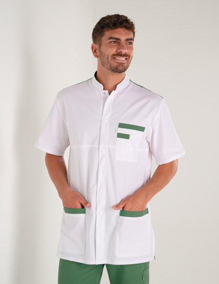 Blouse médicale unisexe Kevin blanc-kaki Made in France by Belissa