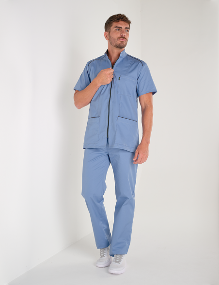 Blouse médicale homme Lucas bleu ciel-ardoise made in France by Belissa