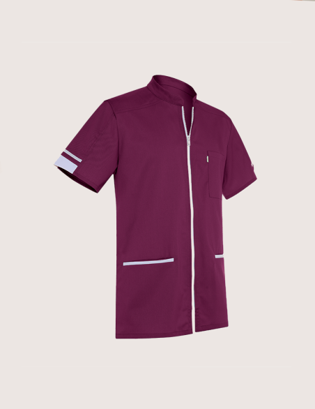 Blouse médicale homme Marley, cassis avec parements blanc. Marque Belissa