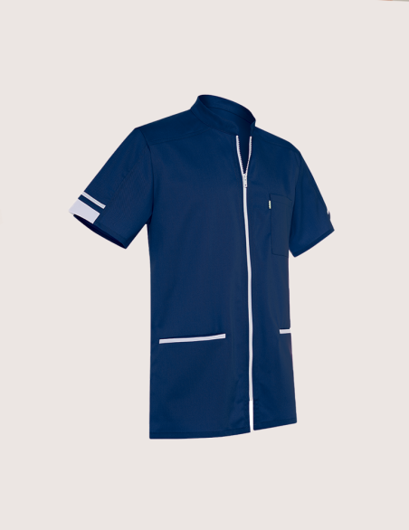 Blouse médicale homme Marley, bleu marine avec parements blanc. Marque Belissa