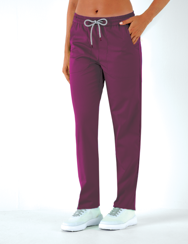 Pantalon femme Alice by Belissa - couleur Cassis - taille élastique + cordon. Vue de face