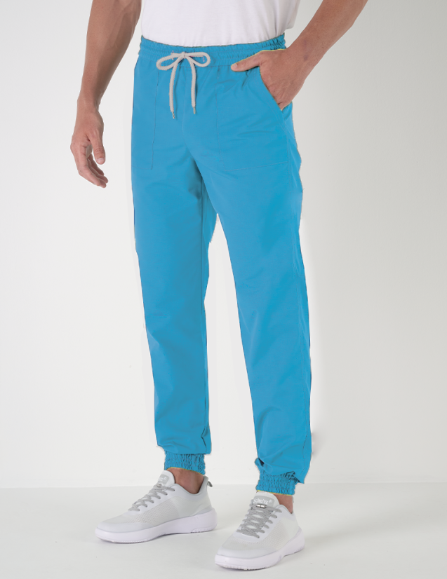 Elio pantalon homme taille élastique avec cordon, couleur bleu océan - Marque Belissa - Porté vue de face