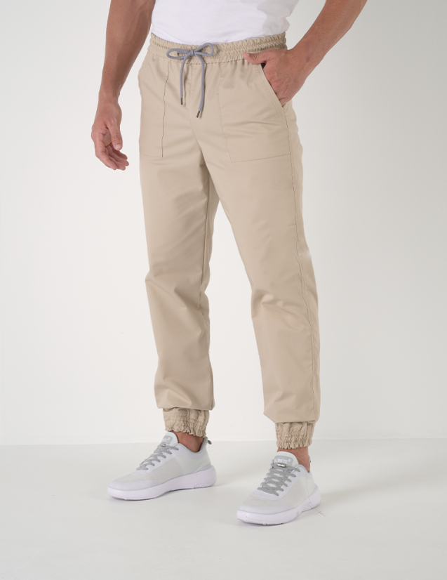 Elio pantalon homme taille élastique avec cordon, couleur sable - Marque Belissa - Porté vue de face