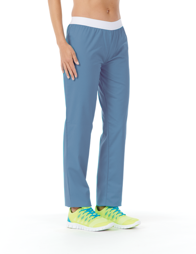 Pantalon médical élastiqué pour femme. Couleur bleu ciel vue 3/4 face - modèle Emma by Belissa