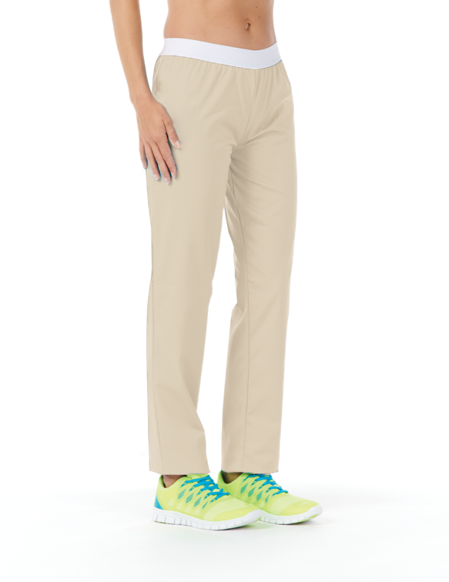 Pantalon médical élastiqué pour femme. Couleur sable vue 3/4 face - modèle Emma by Belissa