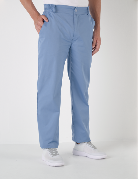 Pantalon médical homme Granada taille élastiquée, couleur bleu ciel, vue de face - Marque Belissa