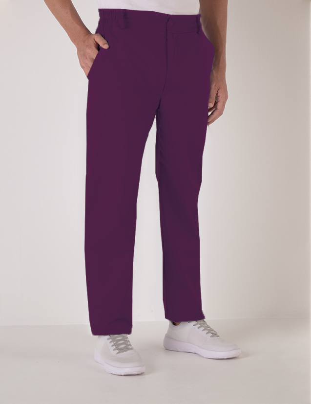 Pantalon médical homme Granada taille élastiquée, couleur cassis, vue de face - Marque Belissa