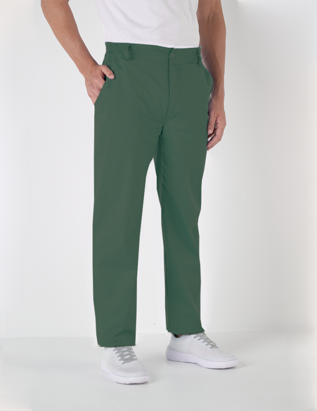 Pantalon médical homme Granada taille élastiquée, couleur kaki, vue de face - Marque Belissa