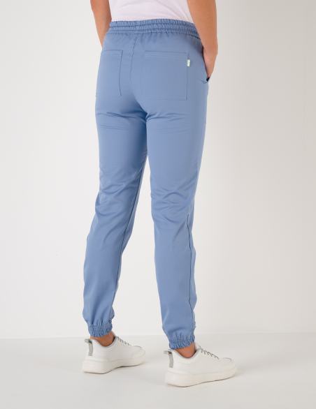 Pantalon femme Luna by Belissa - couleur bleu ciel - taille élastique + cordon. Vue de dos