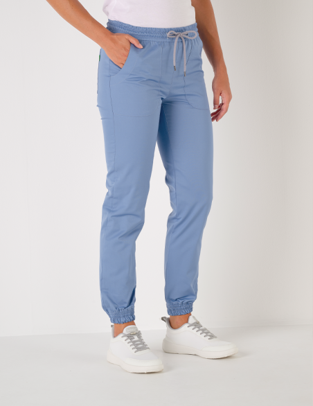 Pantalon femme Luna by Belissa - couleur bleu ciel - taille élastique + cordon. Vue de face