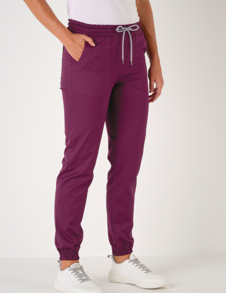 Pantalon femme Luna by Belissa - couleur cassis - taille élastique + cordon. Vue de face
