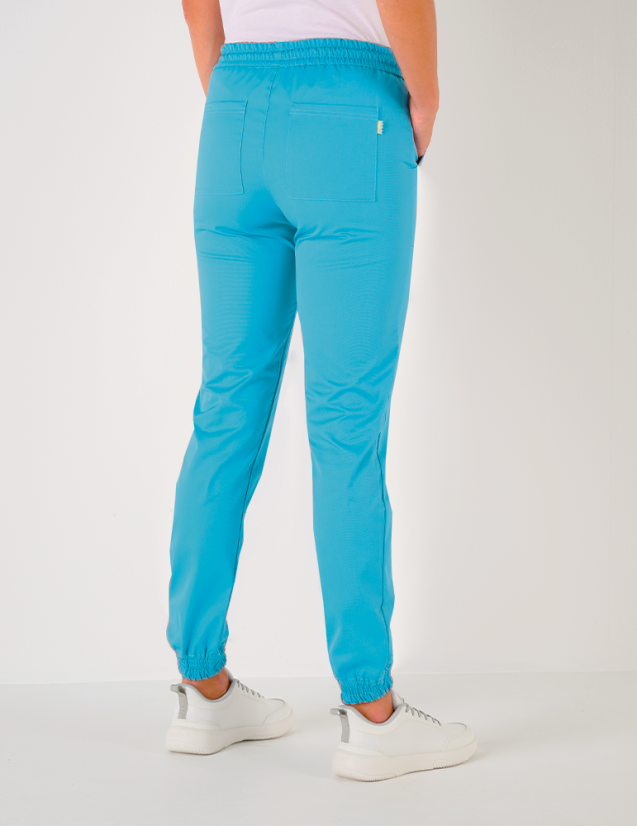 Pantalon femme Luna by Belissa - couleur bleu océan - taille élastique + cordon. Vue de dos
