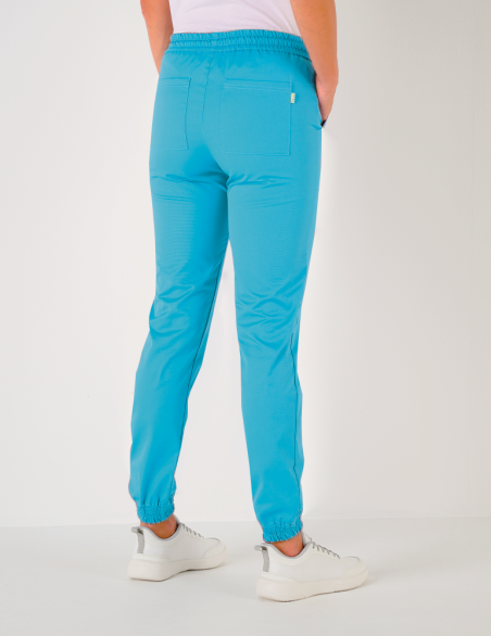 Pantalon femme Luna by Belissa - couleur bleu océan - taille élastique + cordon. Vue de dos